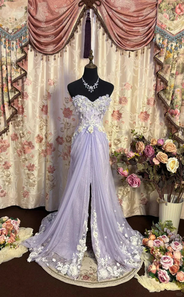 Lilac Vintage Exquisite Beading Elegant Off-the-shoulder Long Tulle Ball Gown Evening Gown Party Dress nv4159