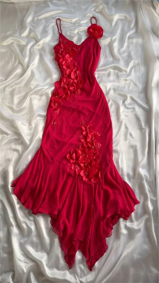 Red V Neck Elegant Floral Long Chiffon Ball Gown Evening Dress Party Dress nv4580
