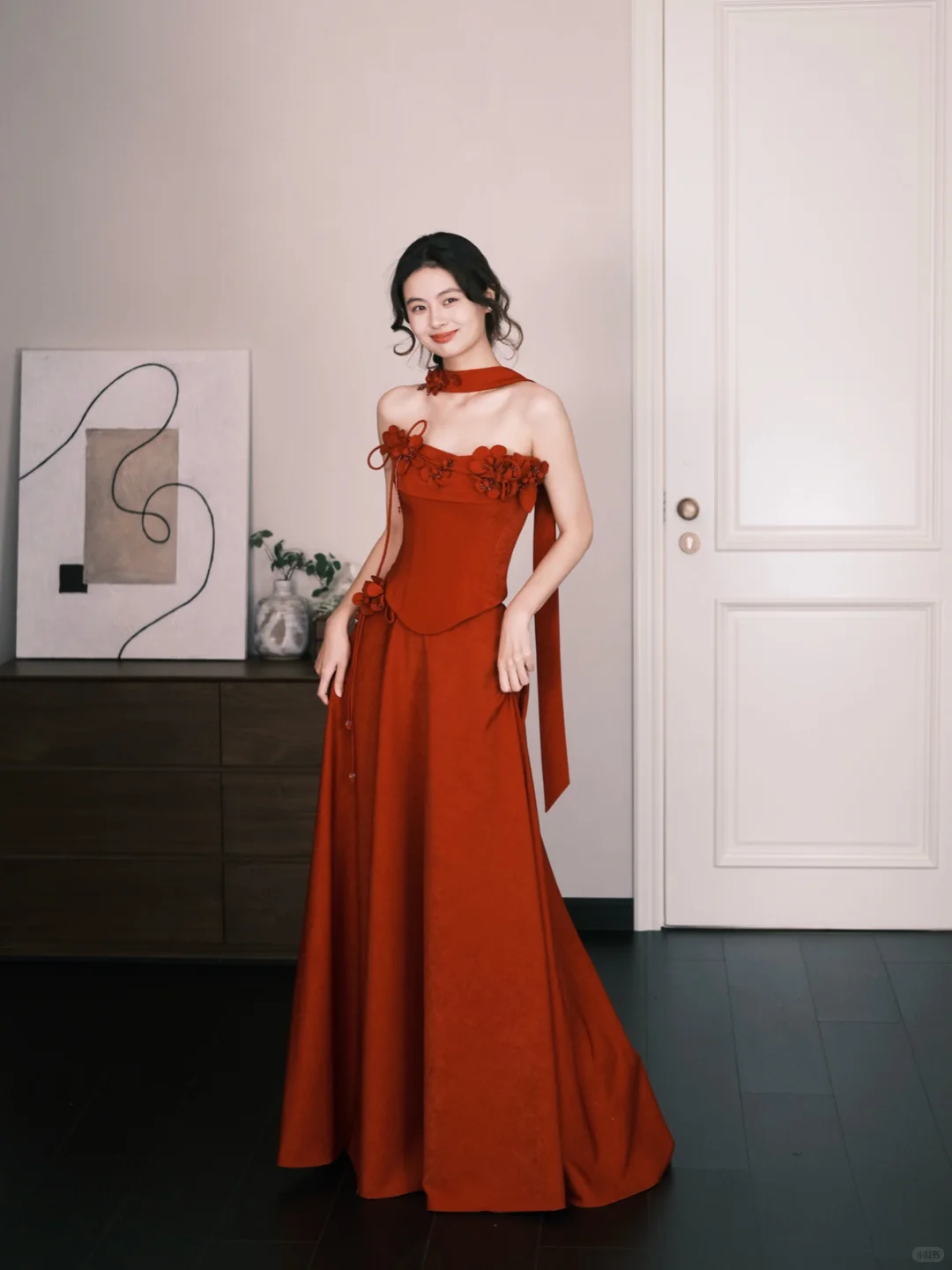 Strapless Red Boned Corset Prom Dress, Long A-Line Evening Gown with Handmade 3D Flowers NV7325