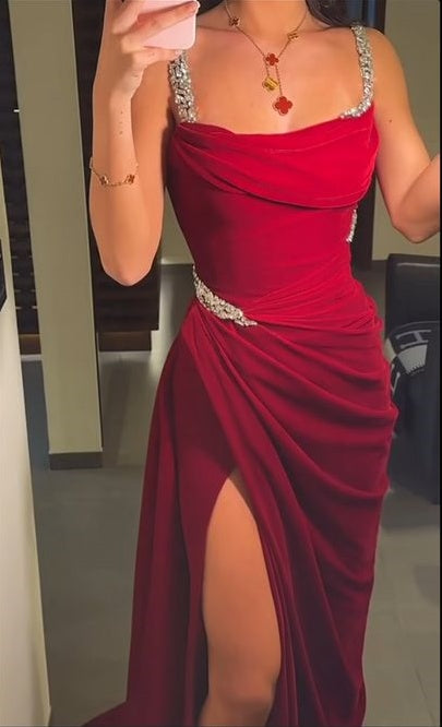Burgundy elegant sequin mermaid side slit satin long floor length train ball gown evening dress party dress nv2416