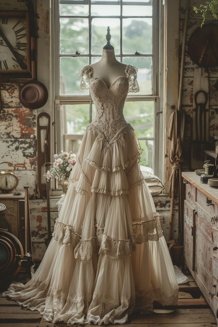 Robe de soirée en tulle et dentelle, robe de mariée, robe de bal, robe de mariée, robe de mariée, rétro, élégante, ivoire, décolleté en cœur, exquise, nv3349