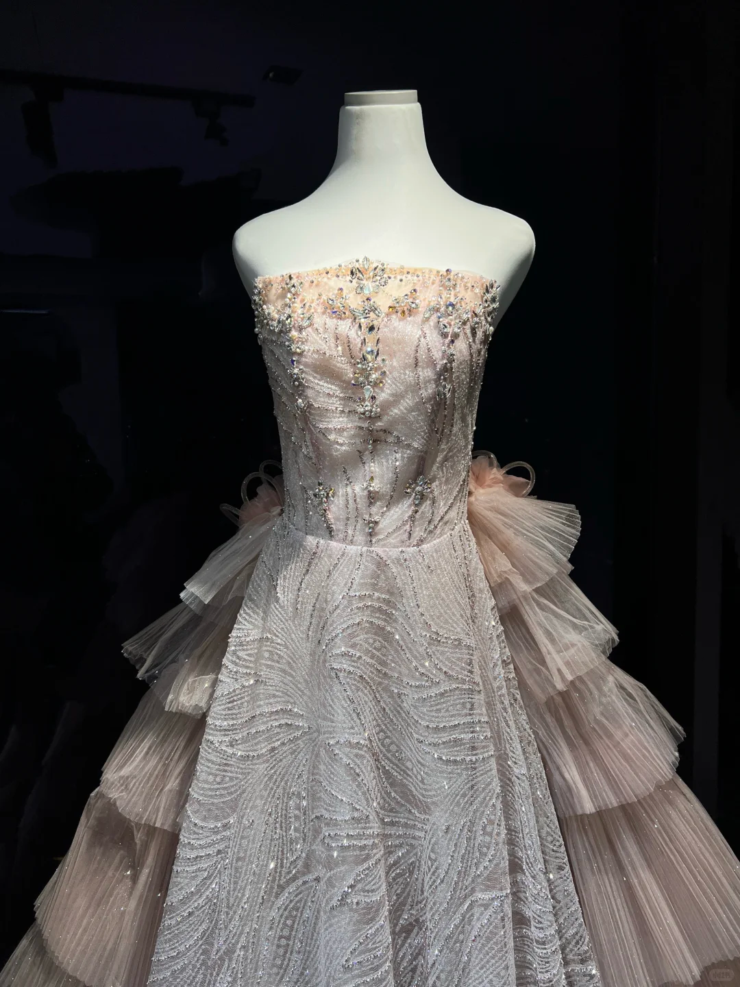 Blush Ombre Sequin Tulle Long Evening Gown Off The Shoulder Tiered Ruffle Ball Gown Prom Dress NV7074