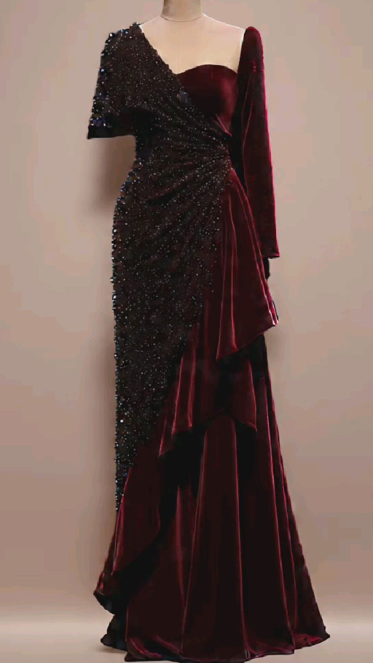Robe longue à volants asymétrique en velours bordeaux et sequins NiceVestidos NV6171