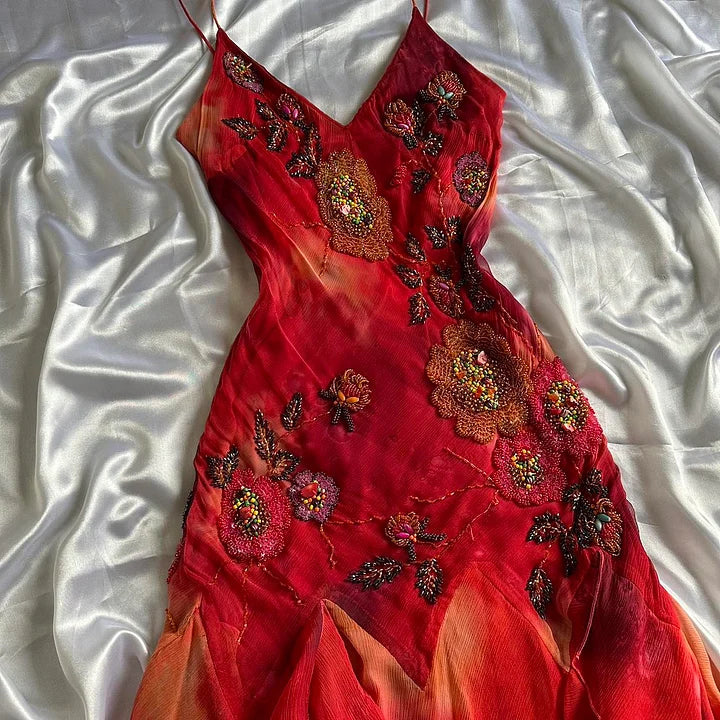 🌺✨Red exquisite beaded elegant retro long chiffon prom dress party dress nv5351