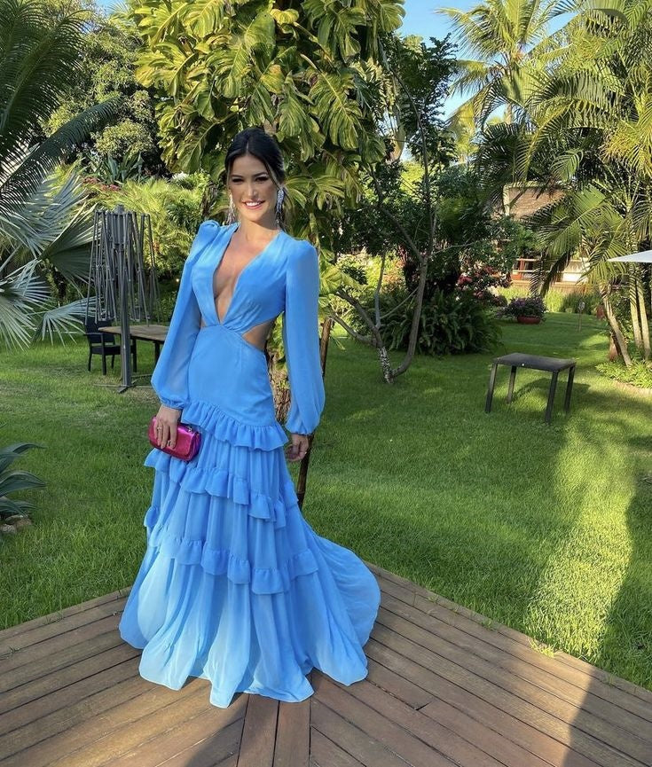 Blue Fashion Elegant V-neck Long Sleeves Long Chiffon Ruffles Ball Gown Evening Gown Party Dress nv3509