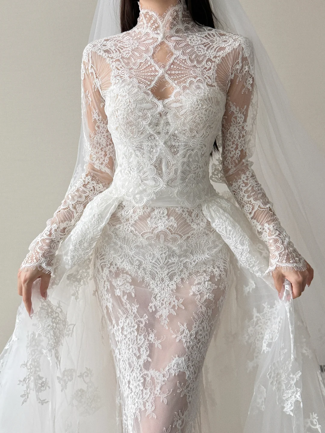 High Neck Long Sleeve Lace Mermaid Wedding Dress Detachable Overskirt Bridal Gown NV7127