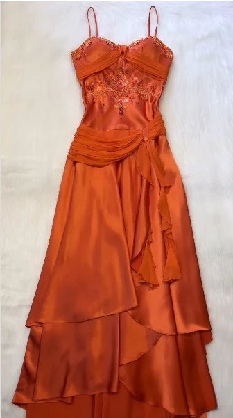Orange Delicate Beading Spaghetti Strap Long Satin Party Dress Evening Gown Prom Dress nv4352