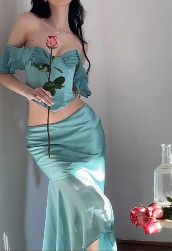 Jade Ruffle Sleeve Corset Maxi Women Long Skirts 2 Pieces Sexy Short Sleeve nv1649