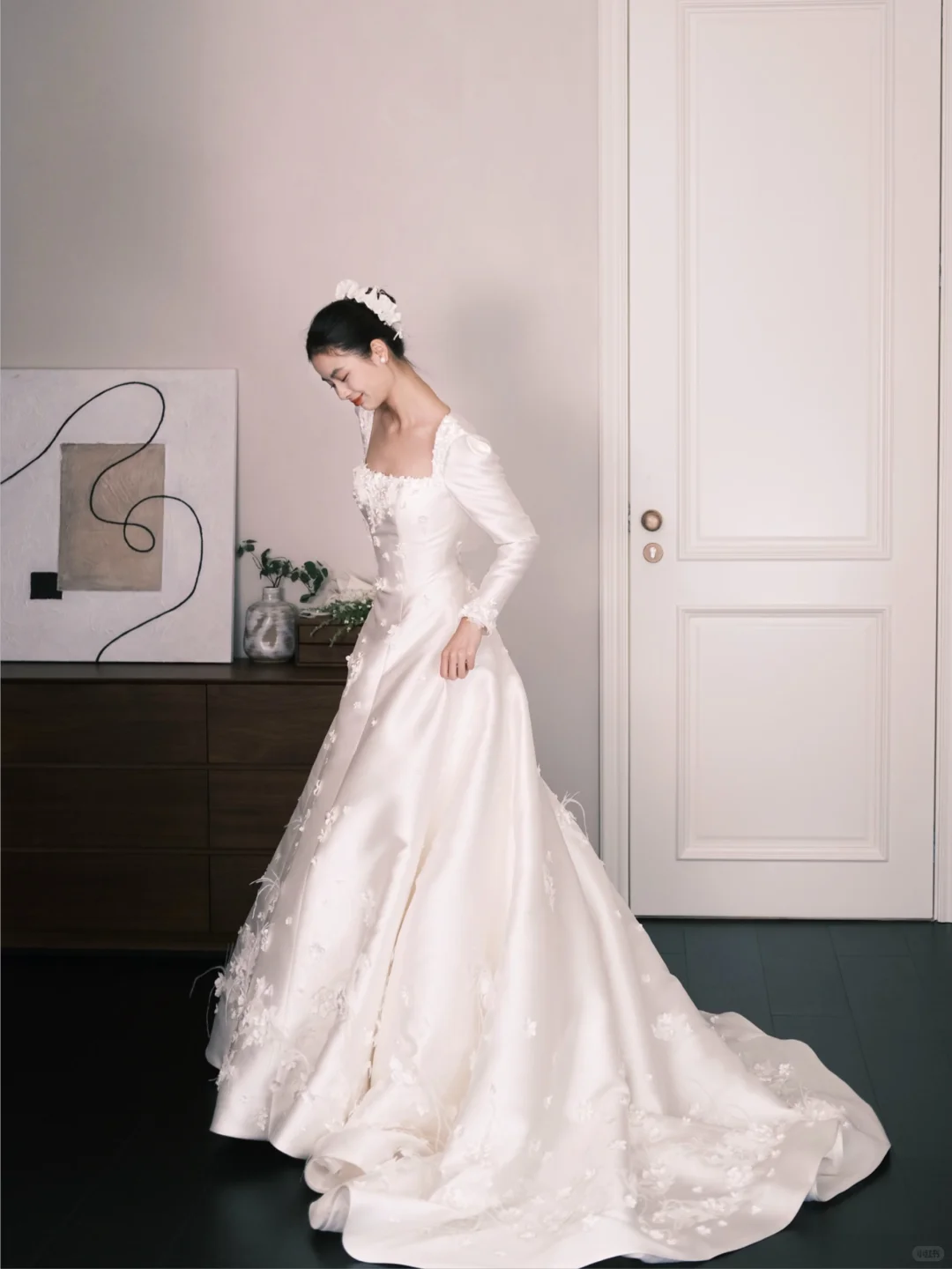 Square Neck Long Sleeve Satin A Line Wedding Gown with Floral Appliques NV7346