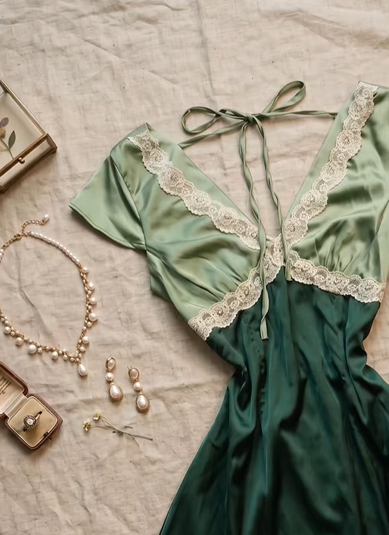 Two Tone Green Satin Short Homecoming Dress V Neck Flutter Sleeve White Lace Trim Vintage A-Line Cocktail Gown NV6910