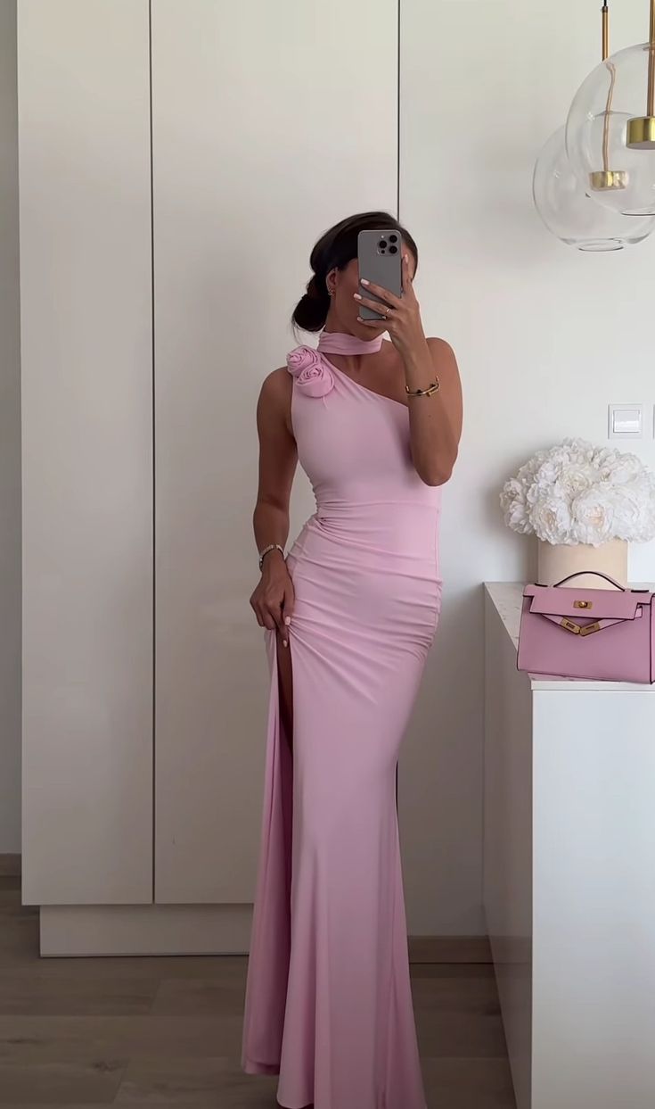 Rosa einschultriges, dreidimensionales Rosendekor, schlankes, langes Ballkleid mit Schlitz, Abendkleid nv2964