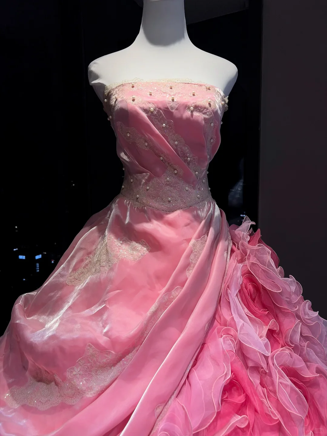 Hot Pink Ombre Strapless Ball Gown Beaded Lace 3D Rose Ruffle Tulle Prom Dress NV6951