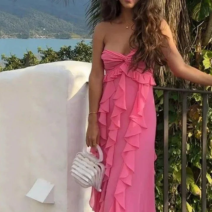 Rosa Mode Trägerlosen Off-schulter Taille Unregelmäßigen Rüschen Lange Elegante Ballkleid Abendkleid Party Kleid nv3333