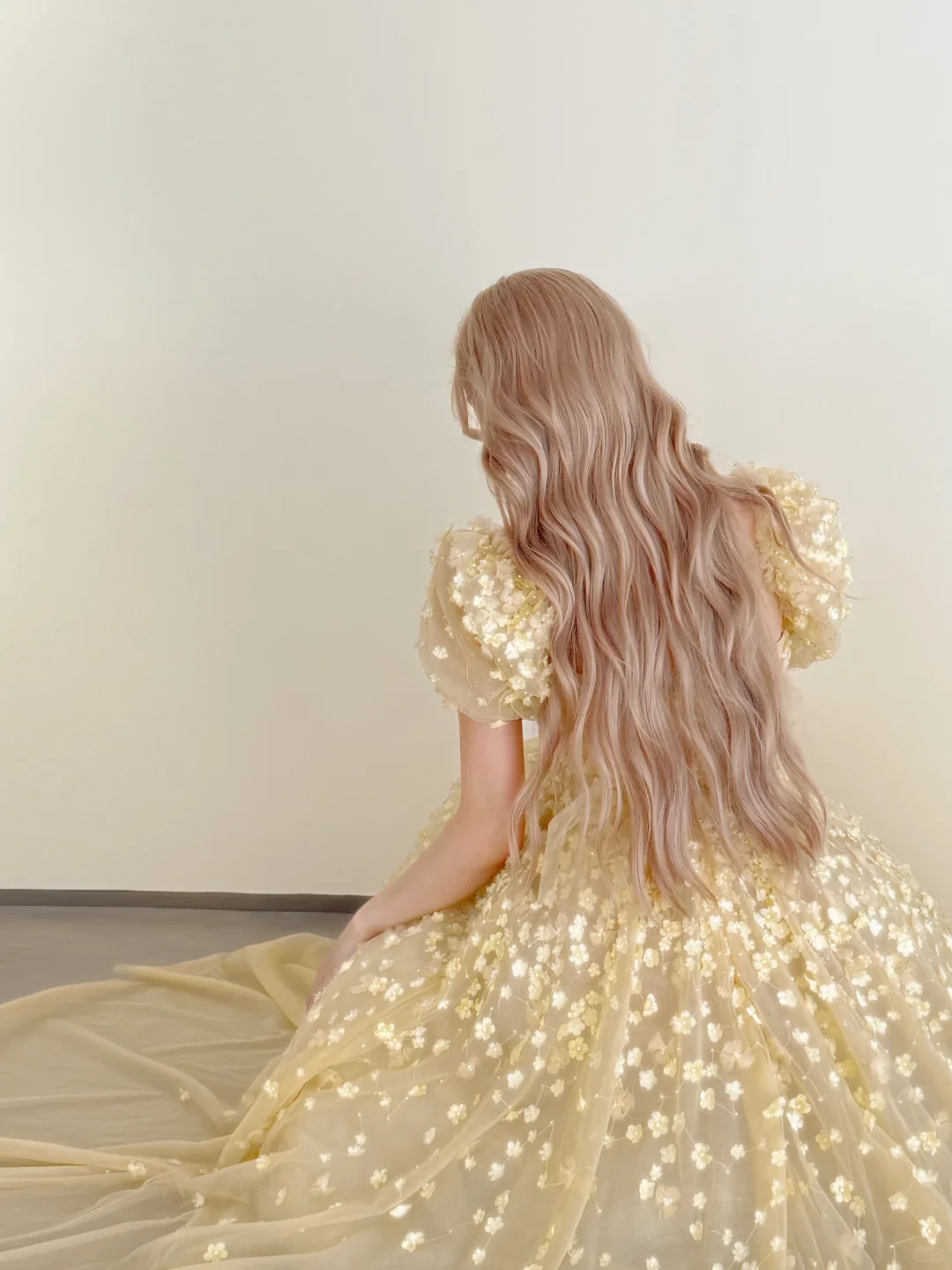 Pale Yellow Puff Sleeve 3D Floral Tulle A-Line Prom Gown NV7183