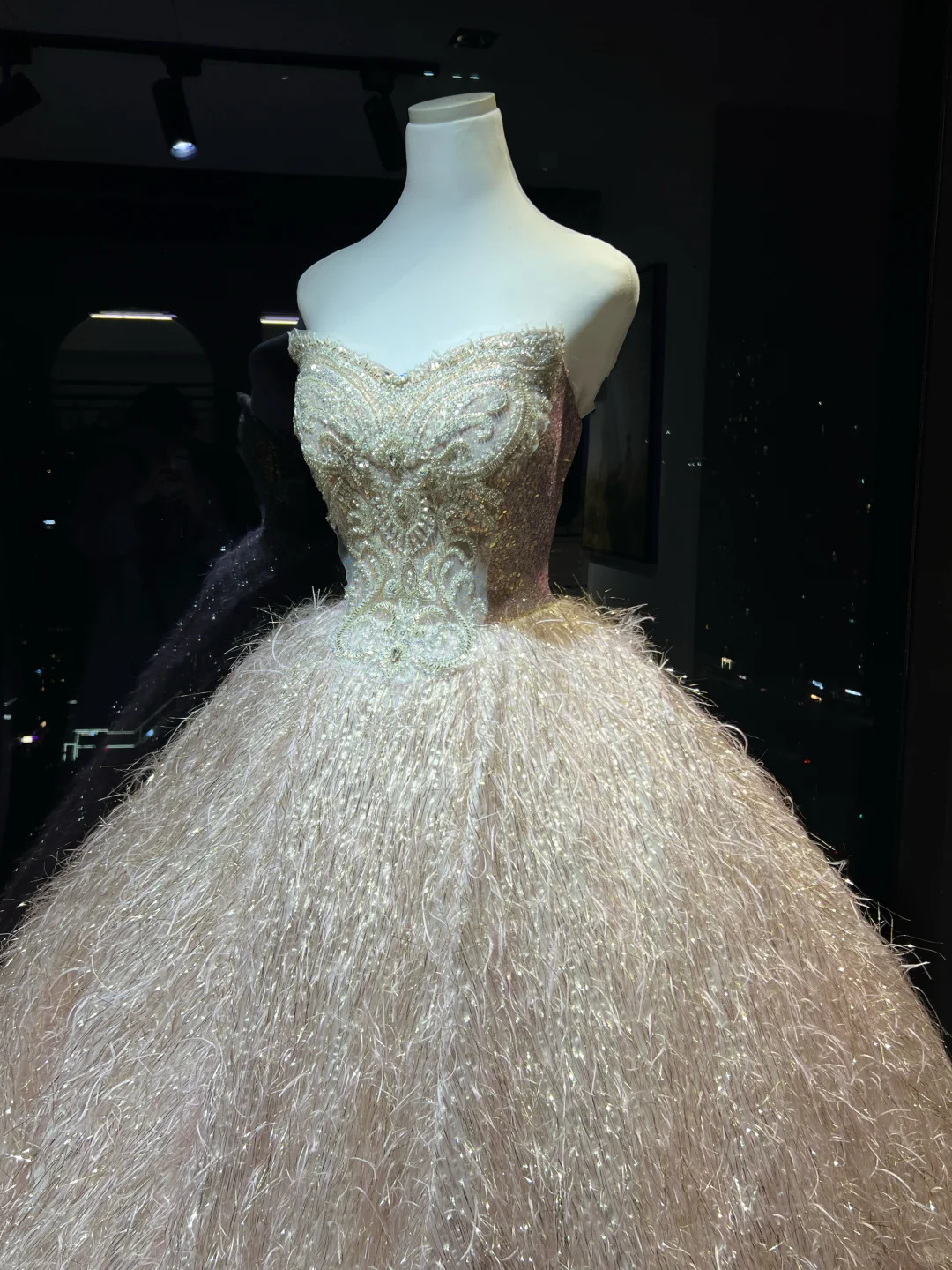 Light Pink Strapless Ball Gown, Sweetheart Neck Beaded Embroidery Sparkly Feather Tassel Skirt Prom Dress NV7090