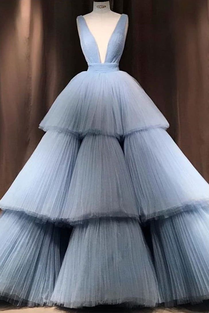 Blaues Tube-Top, modisch, elegant, lang, Tüll, mehrlagig, Ballkleid, Abendkleid, Partykleid, NV3027