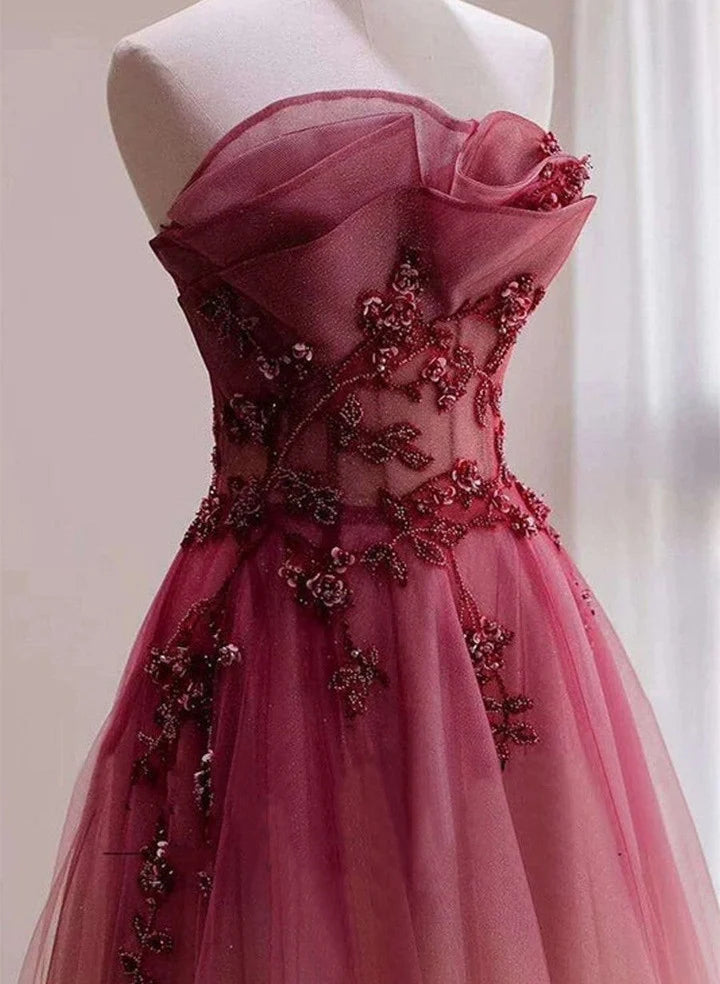 Red Beaded Gradient Tulle Long Party Dress A-Line Elegant Prom Dress nv1708