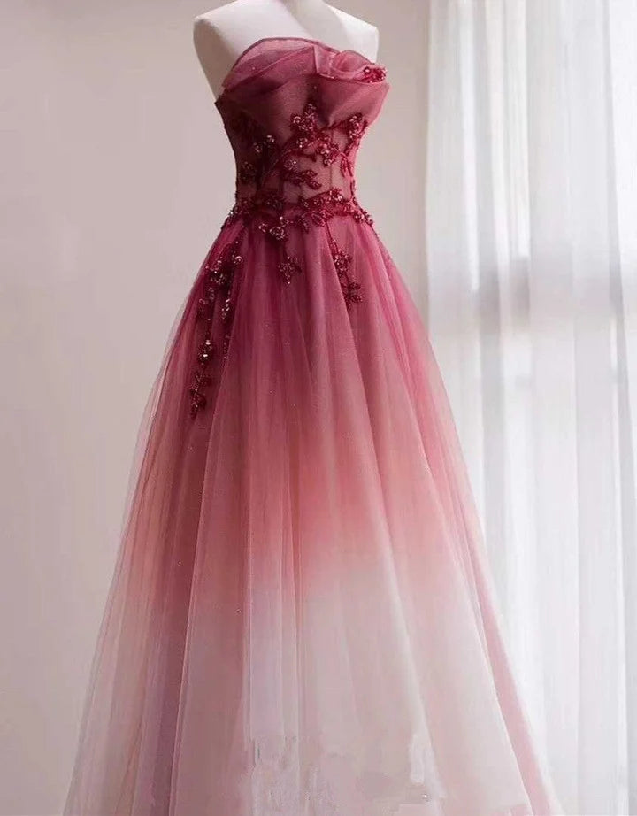 Red Beaded Gradient Tulle Long Party Dress A-Line Elegant Prom Dress nv1708