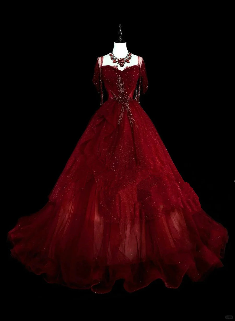 Burgundy sweetheart beaded tulle dress off the shoulder sweet 16 years old dress nv4283