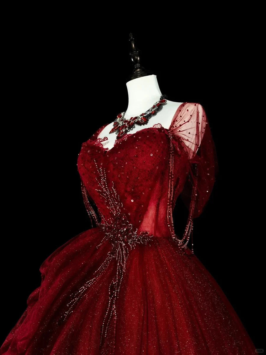 Burgundy sweetheart beaded tulle dress off the shoulder sweet 16 years old dress nv4283