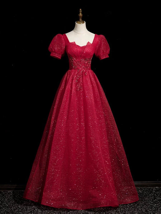 Burgundy Beaded Short Sleeve A-Line Party Dress Tulle Long Prom Dress Evening Dress nv4280