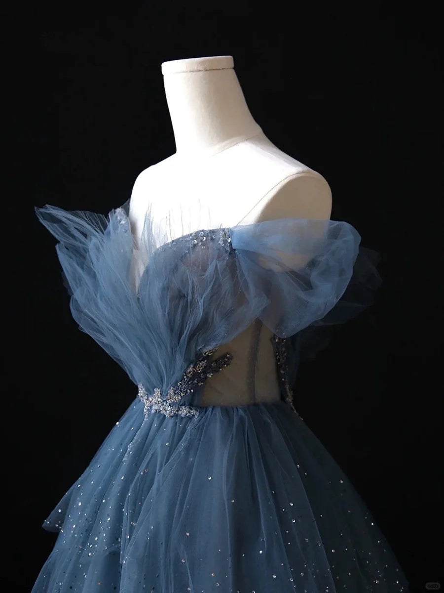 Gorgeous Blue Multi-layer Beaded Off-shoulder Ball Gown Tulle Long Evening Dress nv4278