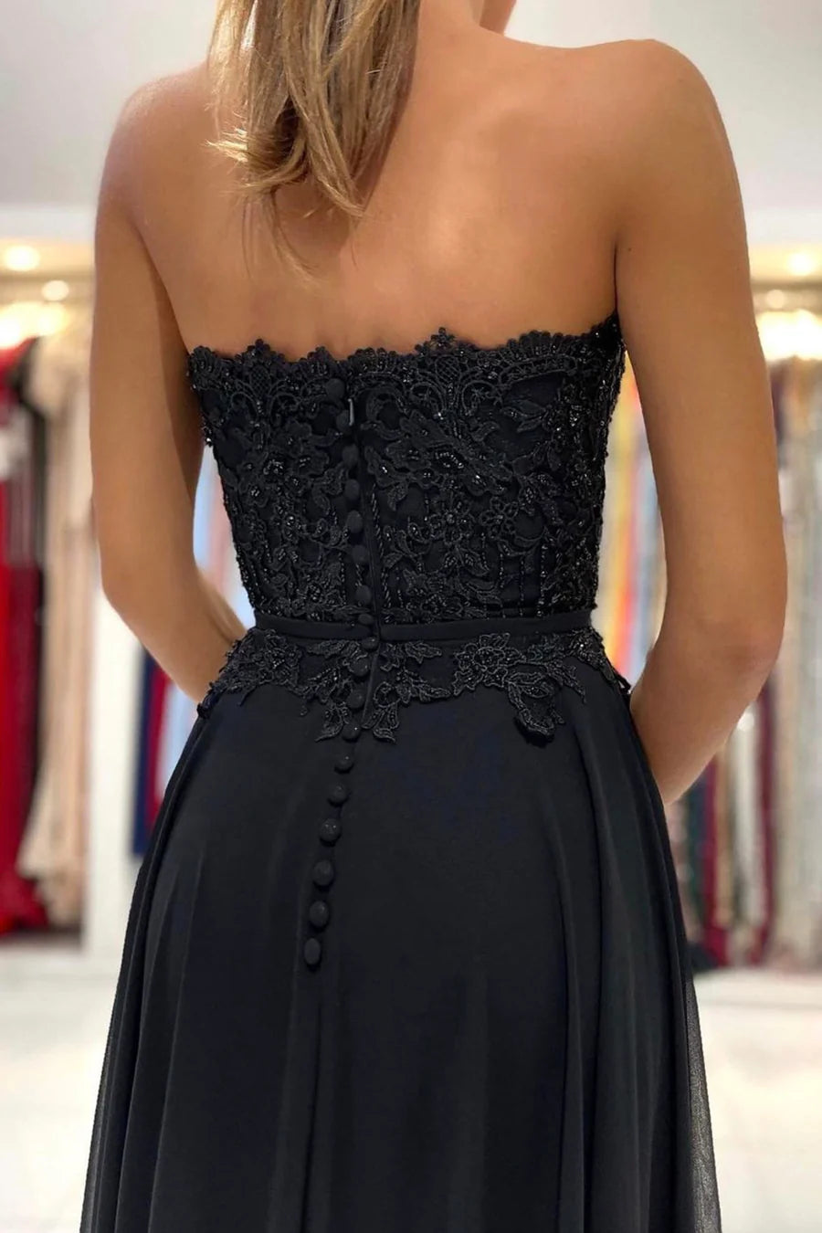 Black Chiffon Lace Long Prom Dresses, A-Line Strapless Evening Dresses nv1464