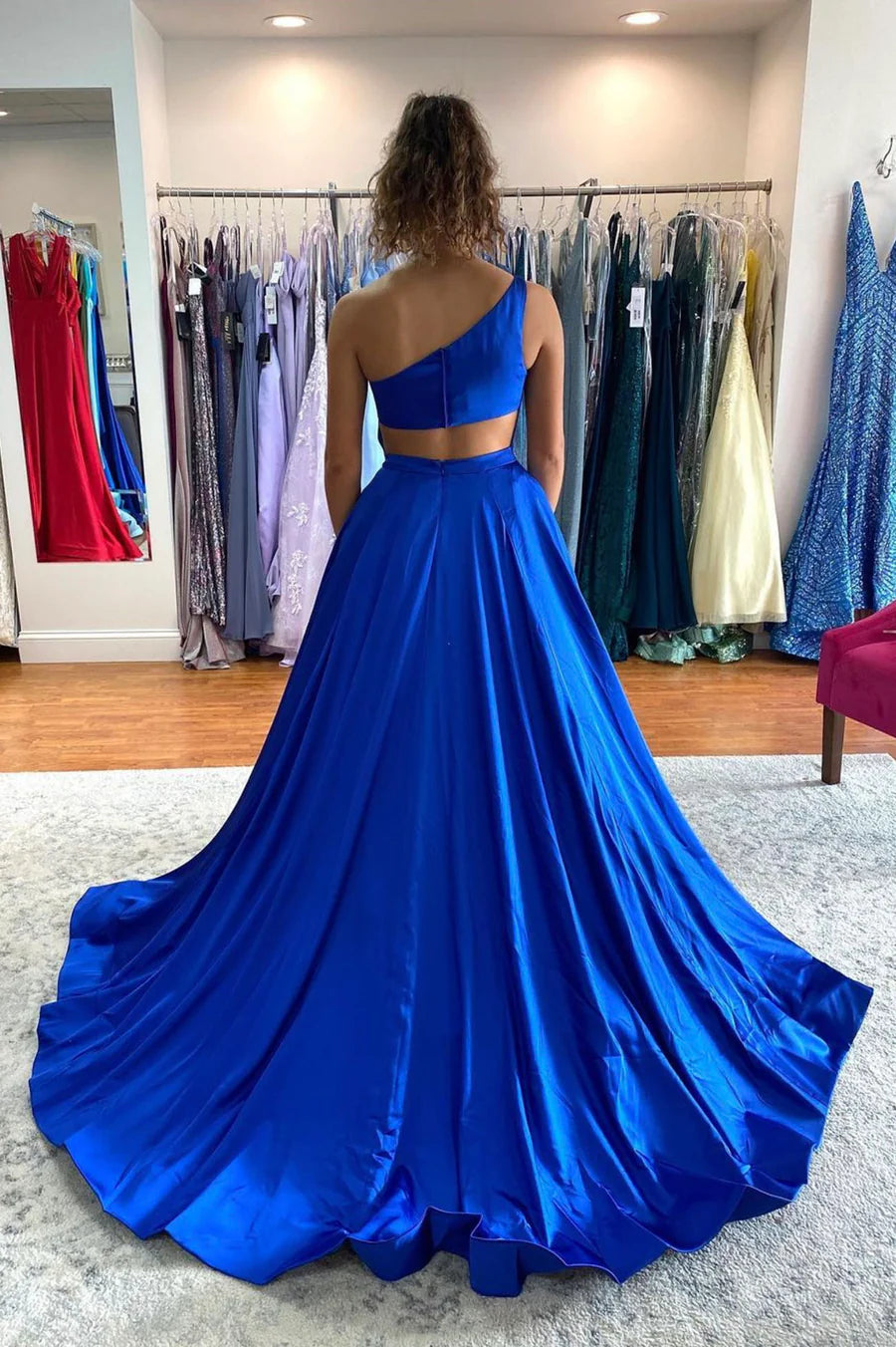 Robe de soirée longue en satin bleu, robe de soirée asymétrique nv1458