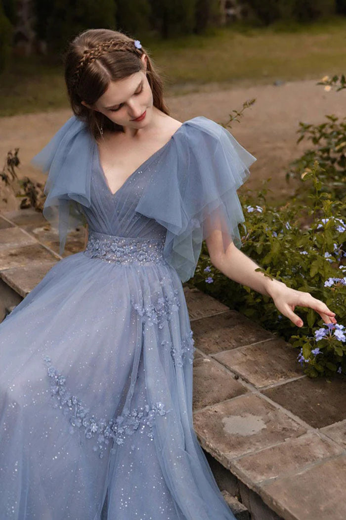 Blue Tulle Long A-Line Prom Dress, Cute V-Neck Evening Party Dress nv1594