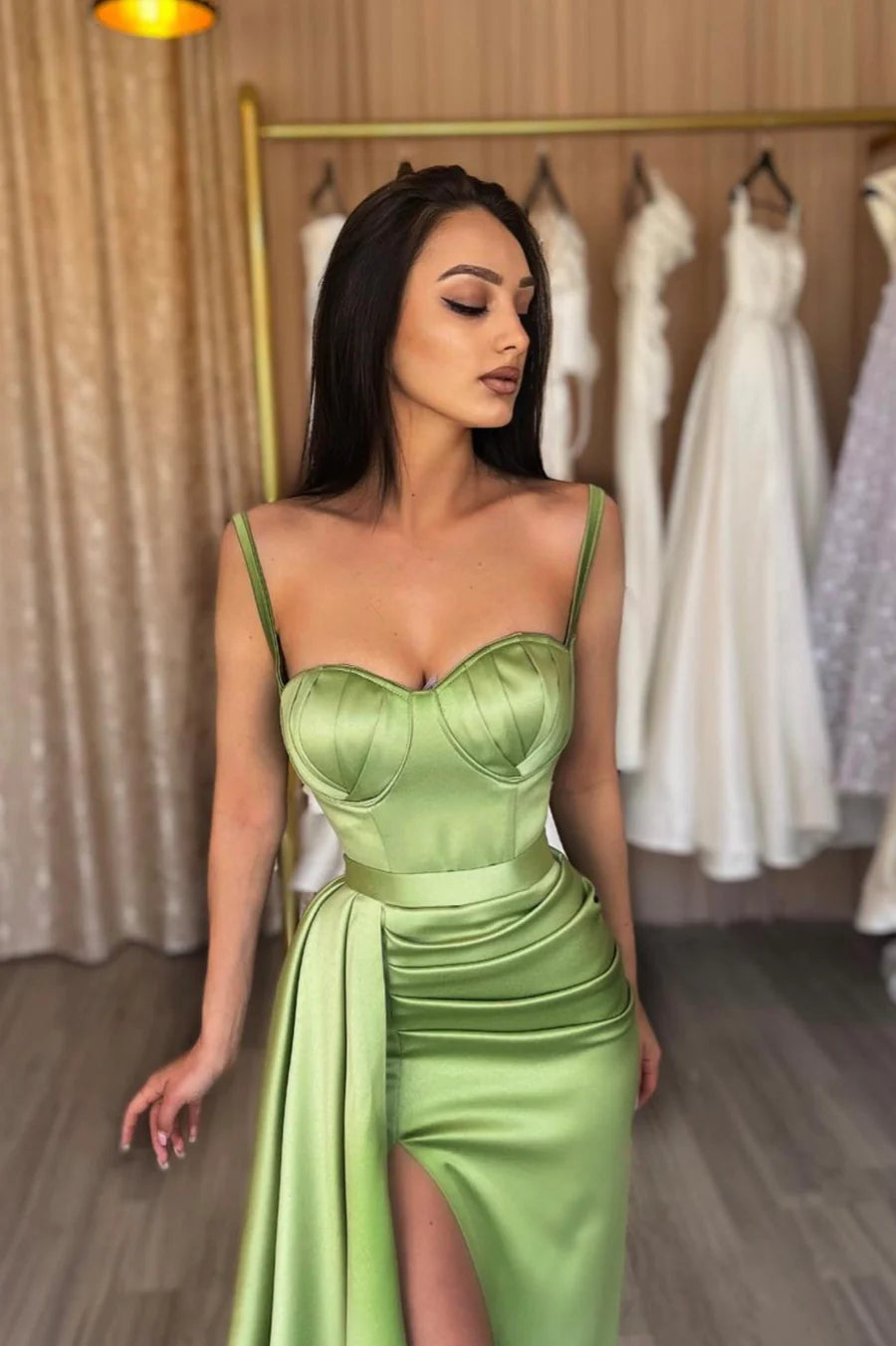 Spaghetti Straps Pleats High Split Long Prom Dress, Green Evening Party Dress nv1449