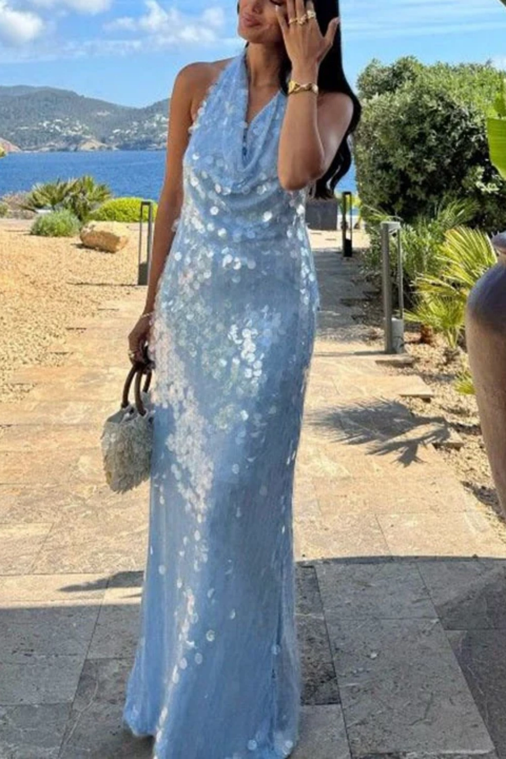 Sparkly Sequins Blue Halter Backless Mermaid Long Evening Dress,Prom Dress nv5338