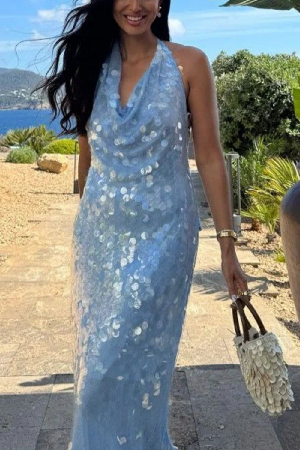 Sparkly Sequins Blue Halter Backless Mermaid Long Evening Dress,Prom Dress nv5338