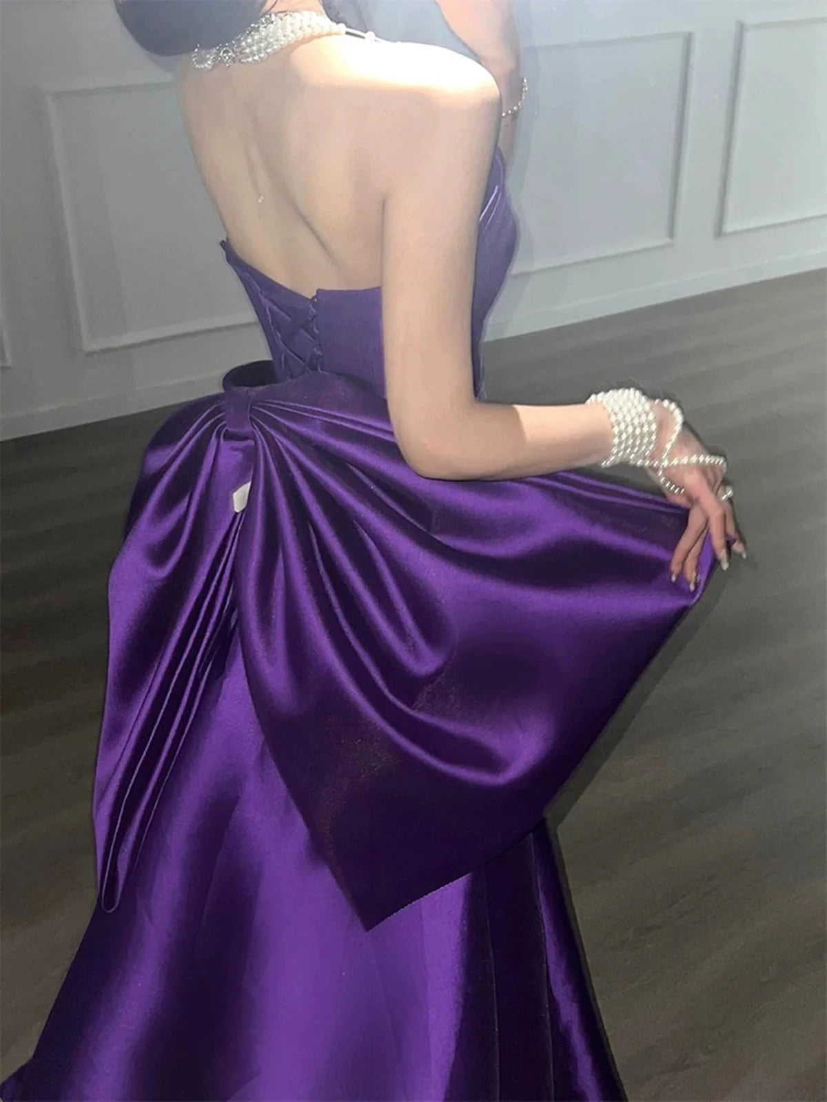 Lila Ziemlich Elegant Mode Spaghetti Strap Lange Satin Ballkleid Abendkleid Partykleid nv3727