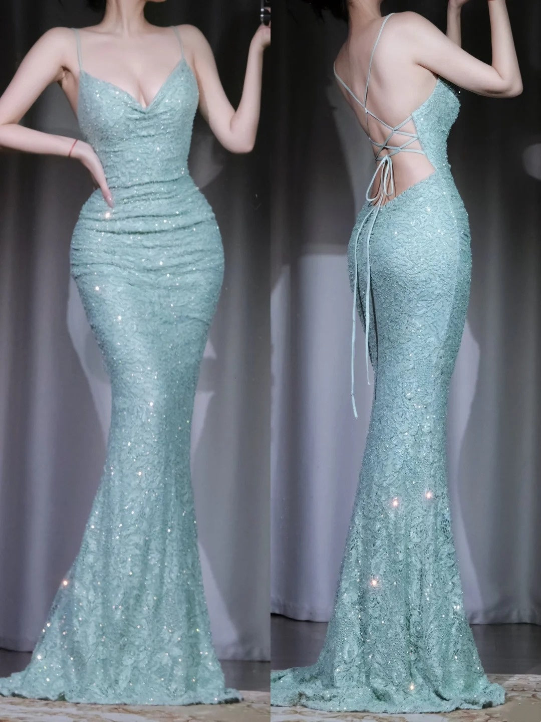 Robe de soirée sirène à sequins dos nu Mint Galaxy, traîne en dentelle vaporeuse NV6852