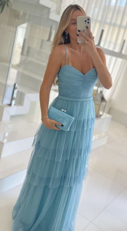 Elegantes und bezauberndes langes Abendkleid aus blauem Tüll in A-Linie und V-Ausschnitt, Ballkleid nv2923