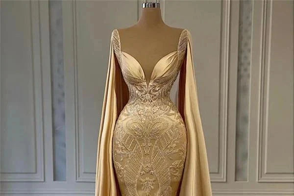 Gold Mermaid Ball Gown with Wrap Beaded Lace Applique Evening Gown Party Dress nv2004