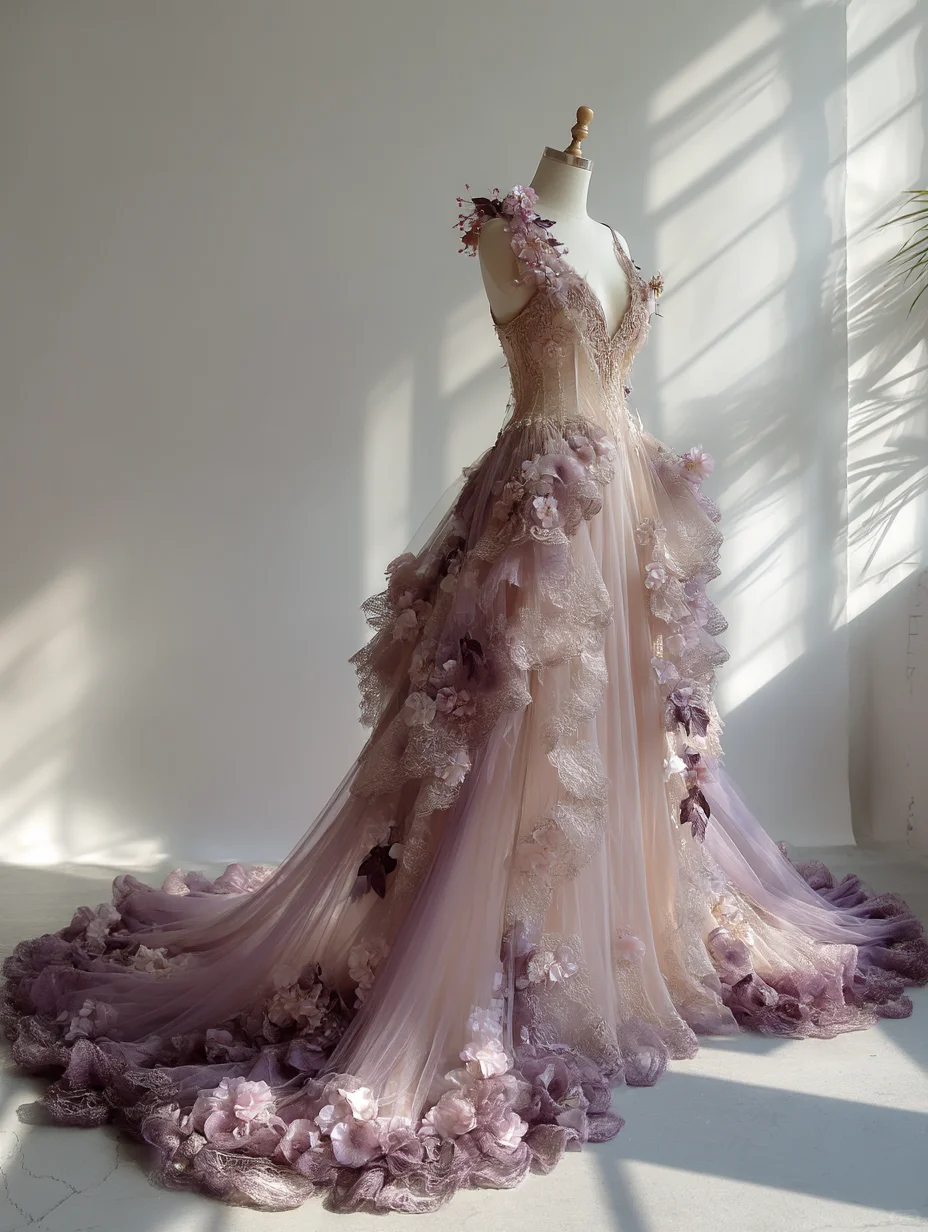 Ombre Lavender Fairy A-Line Tulle Gown with 3D Floral Appliqué NV7505