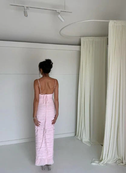 Pink Elegant Spaghetti Strap Pleated Long Banquet Dress Wedding Guest Dress Evening Dress Party Dress Prom Dress nv1784