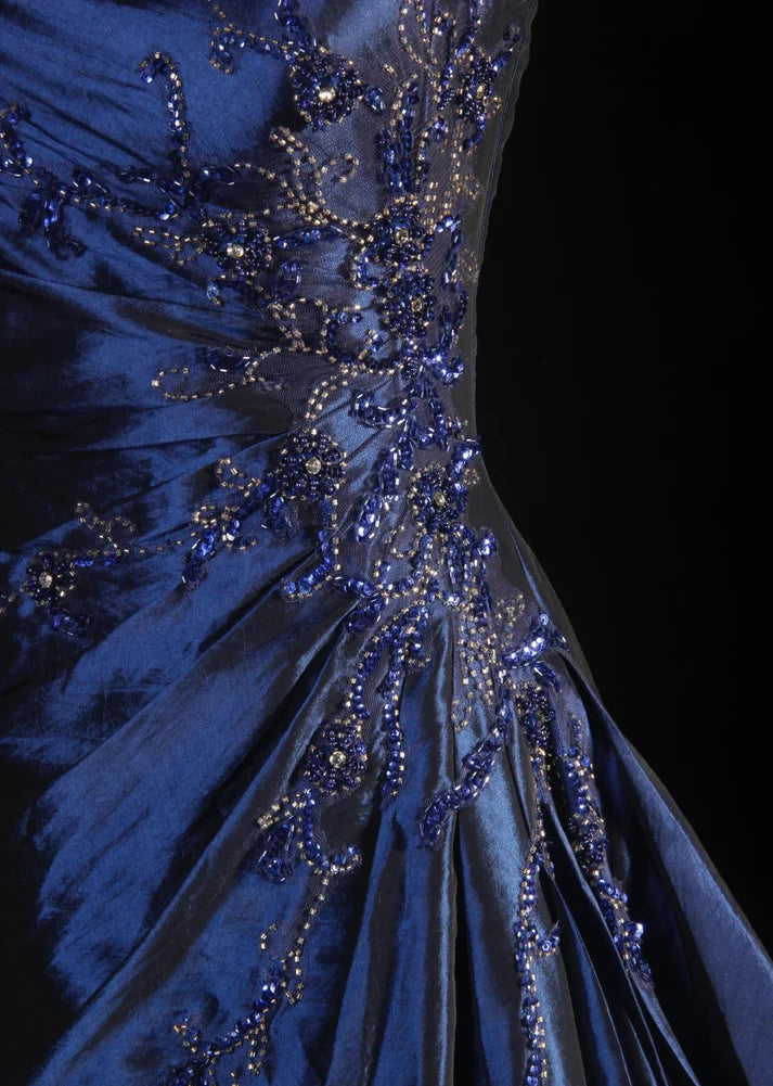 Navy Blue Vintage Fashion Exquisite Beaded Ball Gown Off Shoulder Long Satin Elegant Prom Dress Party Dress nv3769