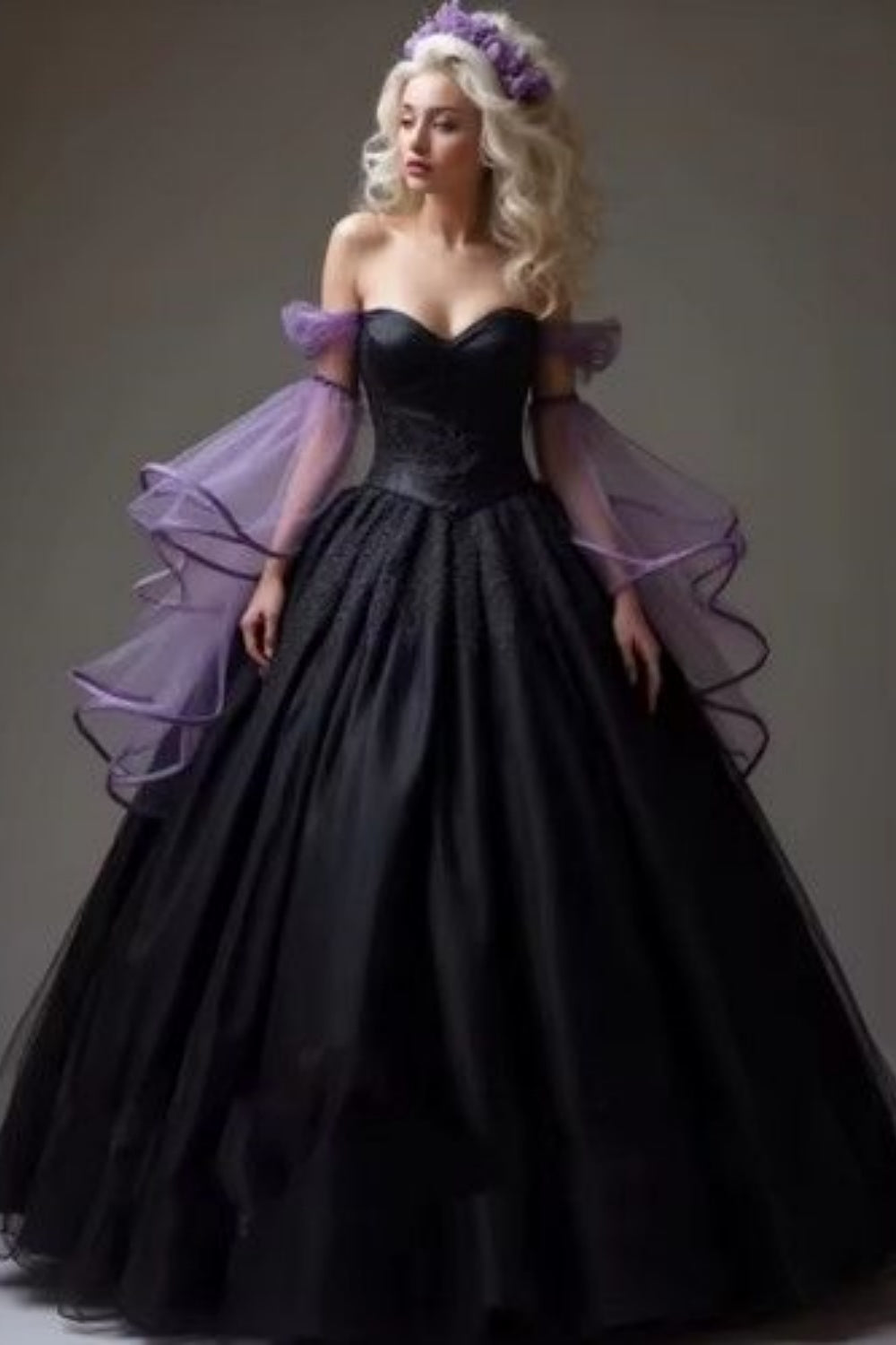 Robe de bal longue à manches longues et épaules dénudées en tulle noir et violet transparent NiceVestidos NV6160
