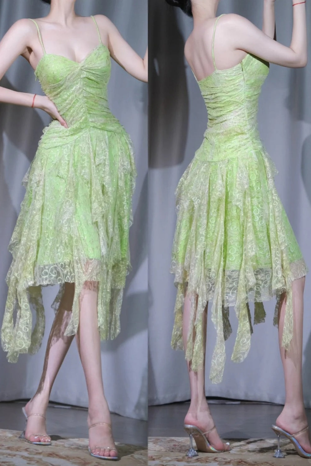 Robe cocktail à bretelles en dentelle vert menthe Mambo, robe de soirée asymétrique, robe Fairycore NV6846