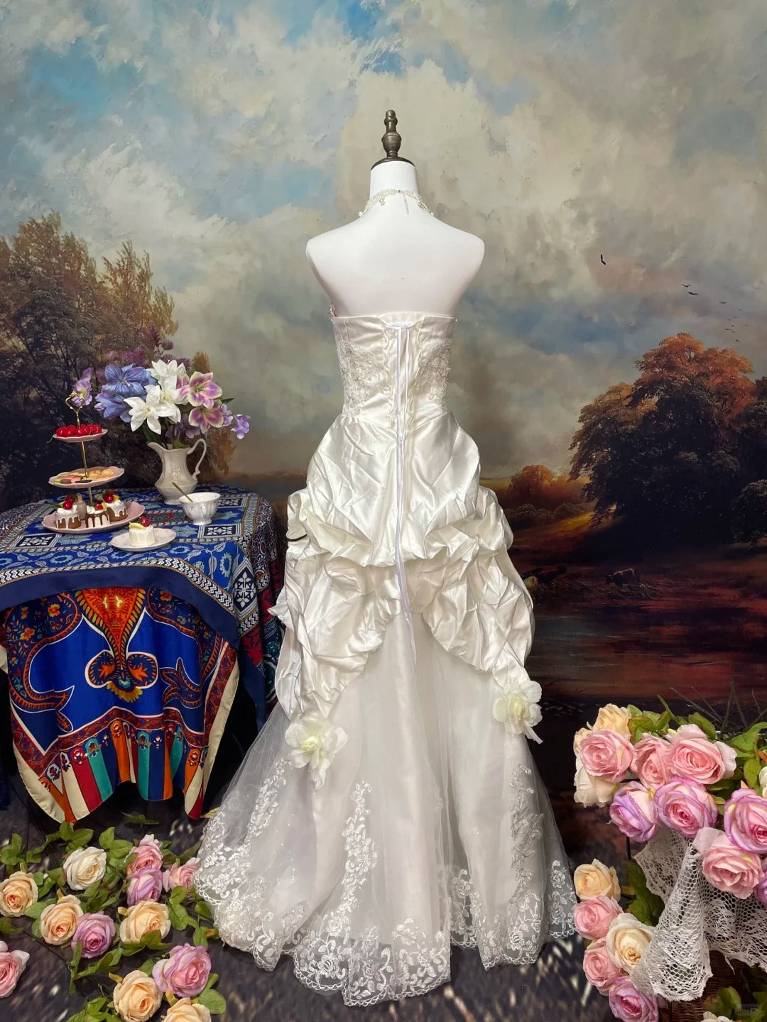 Ivory White Gorgeous Fashion Elegant Floral Exquisite Beading lace Long Satin Tulle Ball Gown Evening Gown Wedding Dress nv4063