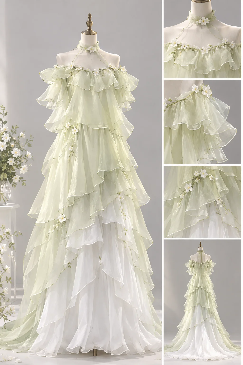 Light Mint Green Halter Off Shoulder Prom Dress, Tiered Ruffle Organza 3D Flower Long Evening Gown NV7441