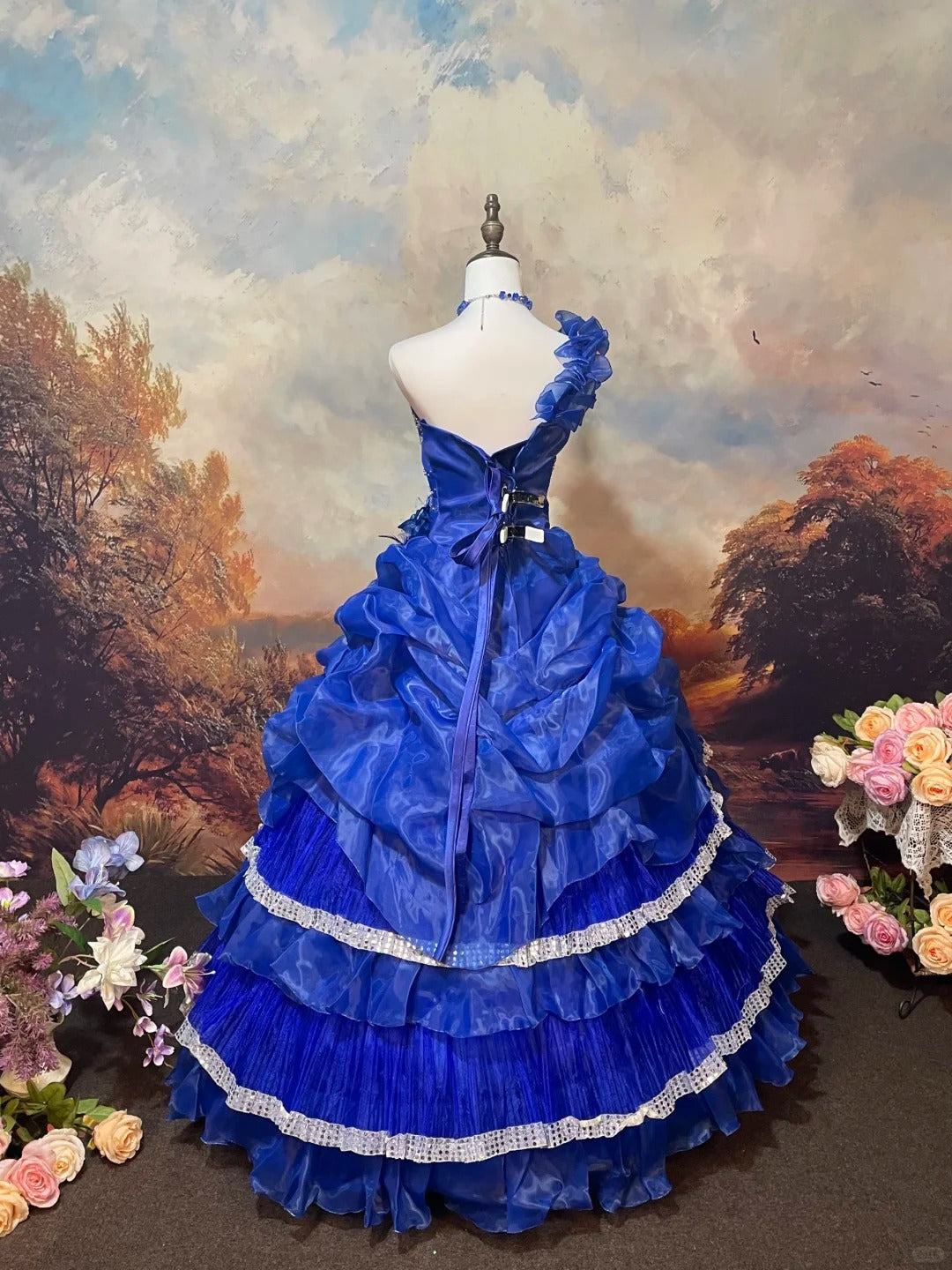 Blue exquisite beaded satin floor-length vintage long ball gown nv5156