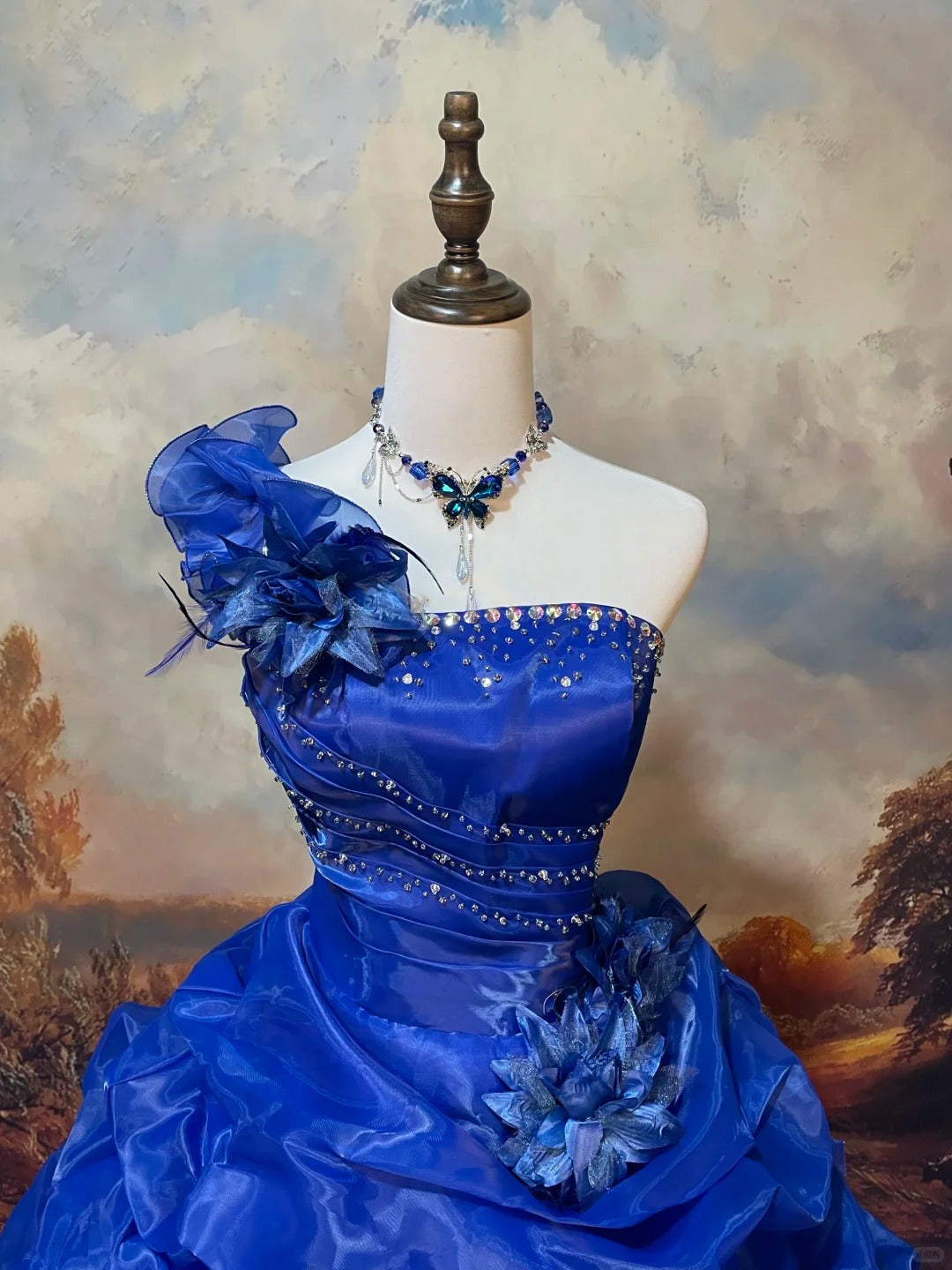 Blue exquisite beaded satin floor-length vintage long ball gown nv5156