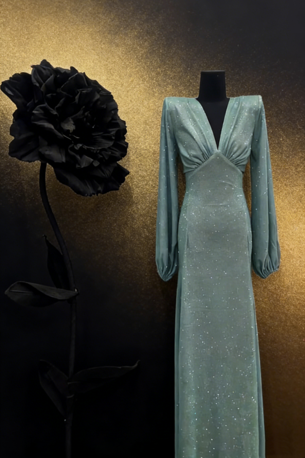 Robe longue cintrée à col en V vert scintillant - Robe longue fluide à manches bouffantes NV6798