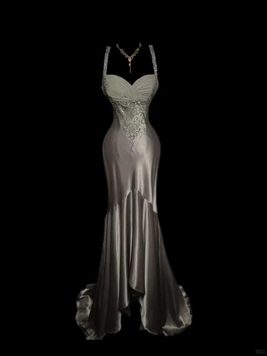 Champagne Rose Floral Long Satin Floor Length Ball Gown Evening Dress Adult Dress nv4422