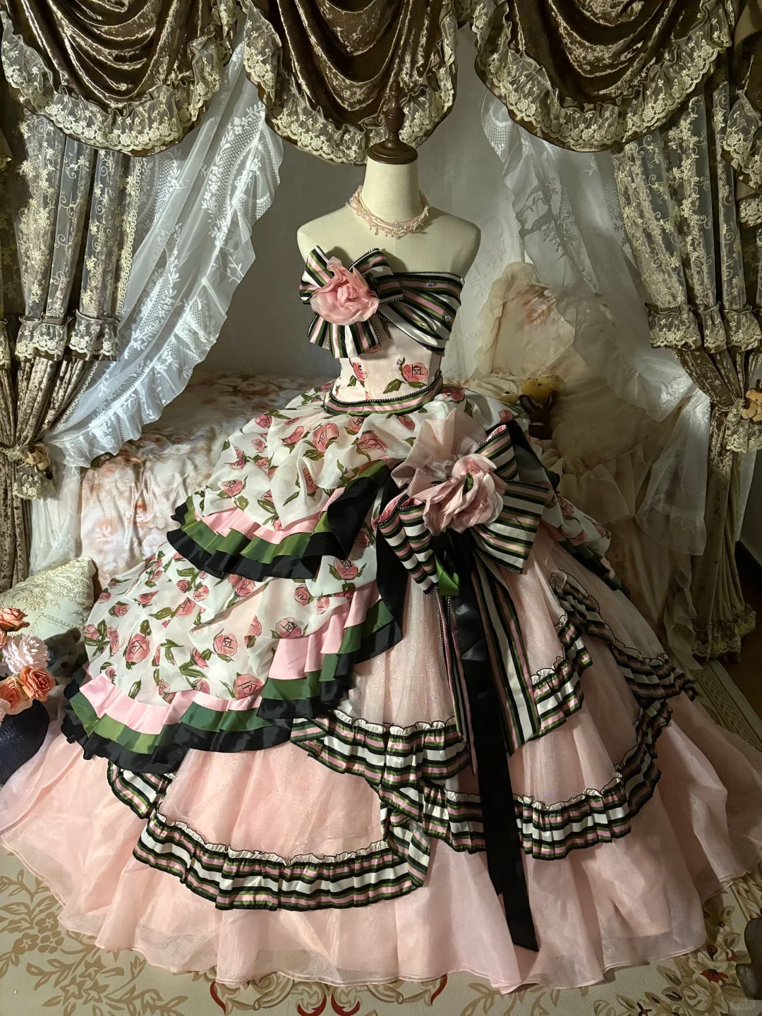 Pink Floral Princess Tulle Floor-Length Ball Gown nv5173