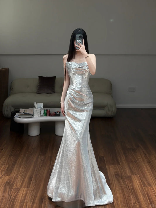 Silver Shiny Fashion Elegant Mermaid Slim Fit Long Sequin Floor Length Ball Gown Evening Dress Party Dress nv4190