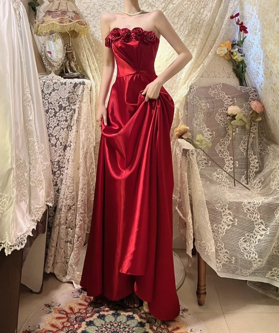 Red delicate floral long elegant satin ball gown evening dress nv4317